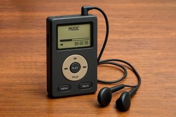 Портативный медиаплеер с наушниками на деревянной поверхности