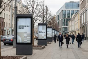 Цифровые рекламные пиллары на улице в центре Москвы — иллюстрация к статье о возвращении «Яндекса» на рынок DOOH и развитии медиа-инфраструктуры