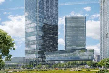 офисный комплекс SET в Москве, современные стеклянные башни бизнес-центра с благоустроенной территорией