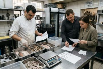 Шеф-повар, управляющий и закупщик ресторана сверяют морепродукты, меню и закупочные цены на рабочей кухне