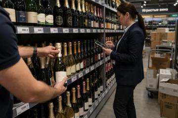 Сотрудники винного отдела корректируют ассортимент брюта и других игристых вин на полке магазина
